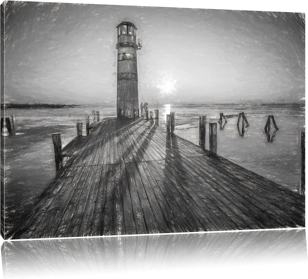 Pixxprint Leuchtturm am Steg als Leinwandbild/Grösse: 100x70 cm/Wandbild/Kunstdruck/fertig bespannt,