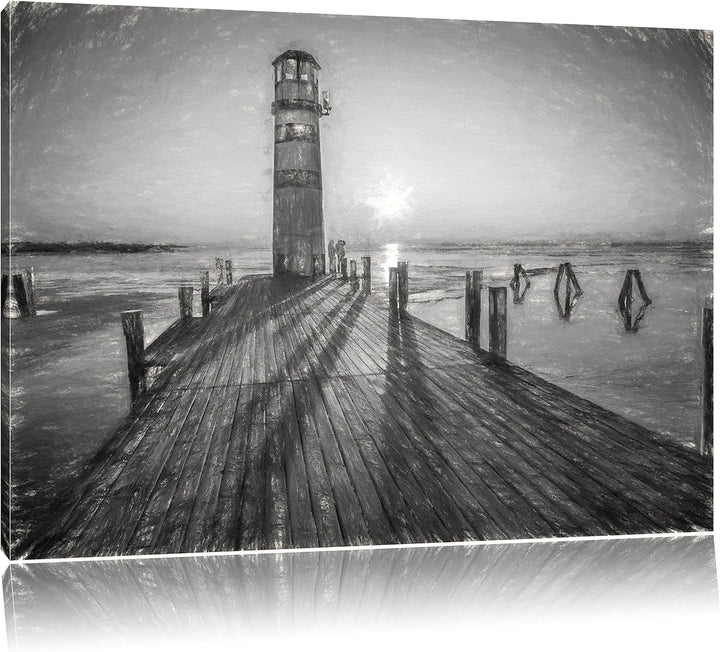 Pixxprint Leuchtturm am Steg als Leinwandbild/Grösse: 100x70 cm/Wandbild/Kunstdruck/fertig bespannt,