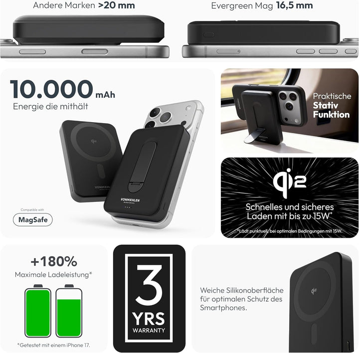 VONMÄHLEN Evergreen Mag mit Kickstand: 10.000 mAh Qi2-Powerbank kompatibel mit MagSafe – 15W kabello