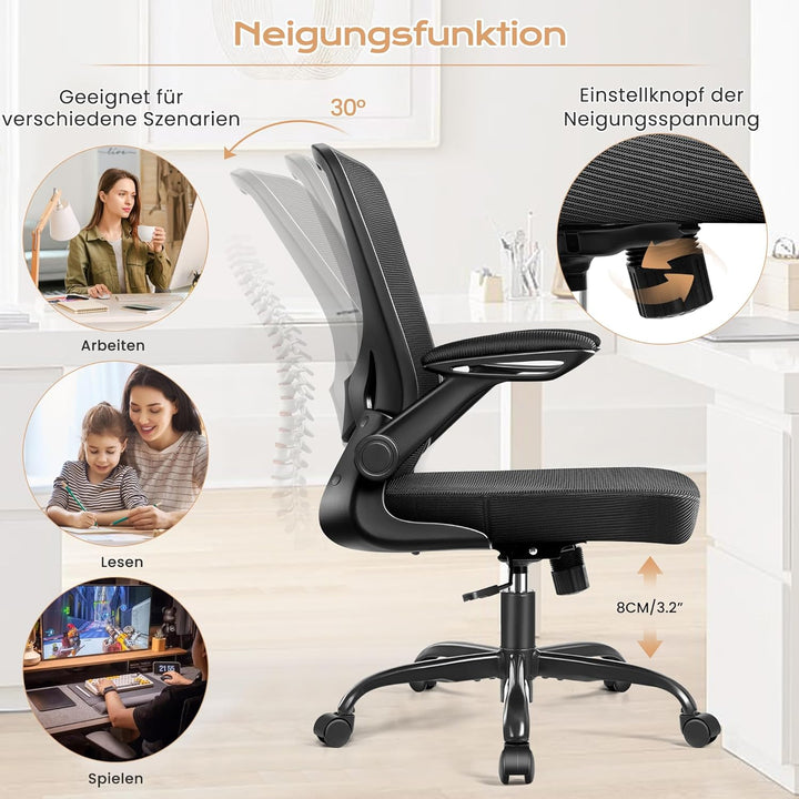 KERDOM Bürostuhl, Ergonomischer Schreibtischstuhl mit Klappbaren Armlehnen, 360° Drehstuhl Mesh Comp