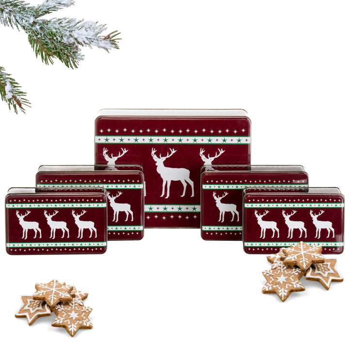 Brandsseller 5er Set Keksdose rechteckig Weihnachtsdose Plätzchendose Gebäckdose Metall Rentier 5er
