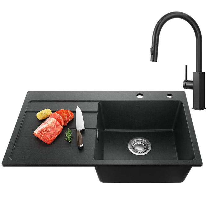 CECIPA Küchenspüle Schwarz 78 x 45 cm mit Wasserhahn Ausziehbar, Spüle Küche, Granitspüle ab 45 cm b
