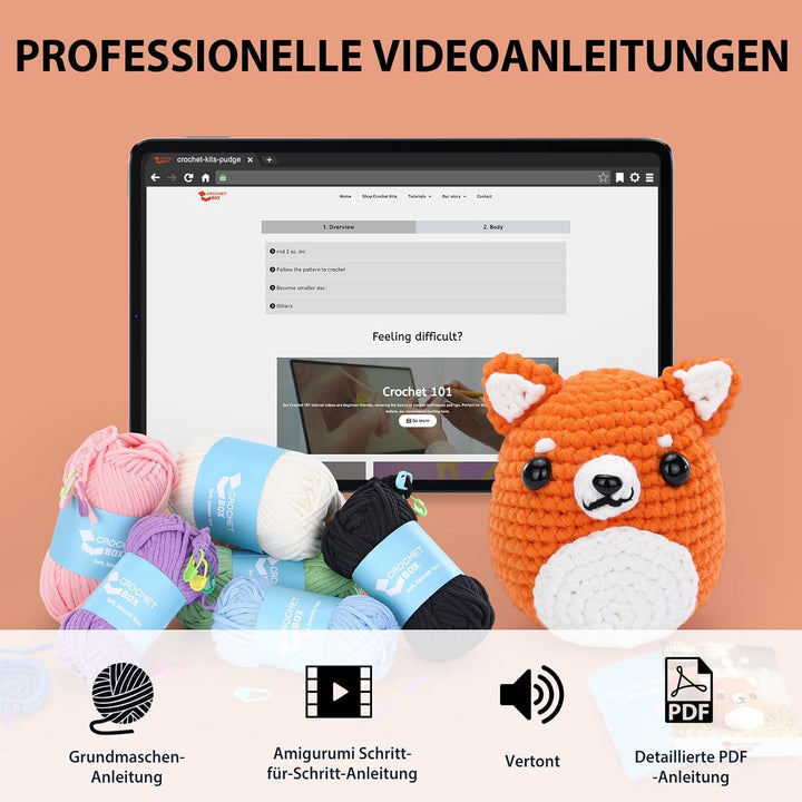CrochetBox Komplettes Häkelset für Anfänger, Shiba Inu Häkelset, Video-Tutorial einbeziehen, Anleitu