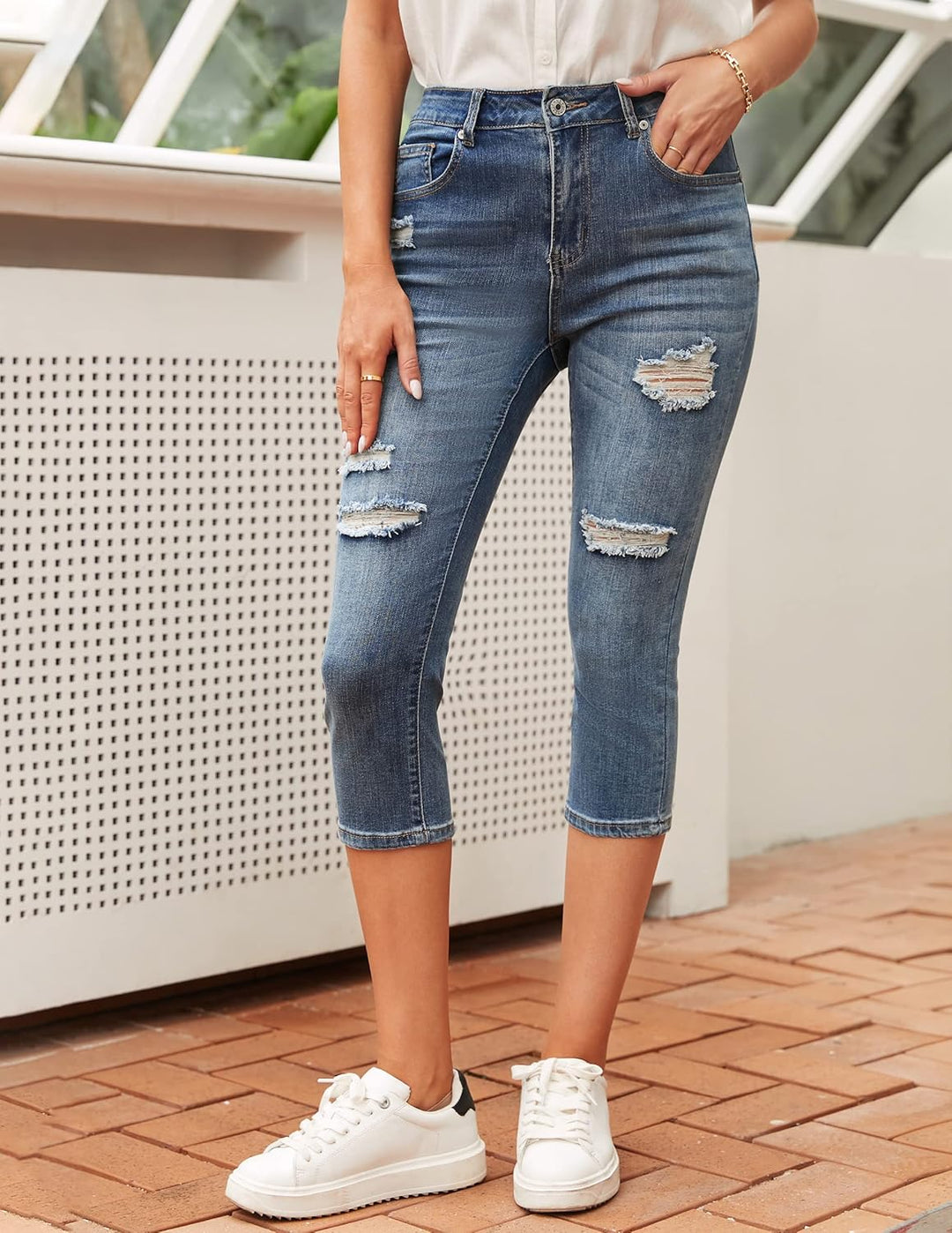 Roskiky Damen Capri Jeans für Frauen hohe Taille Skinny Ripped Jean Denim Hosen L A-klassisch Blau,