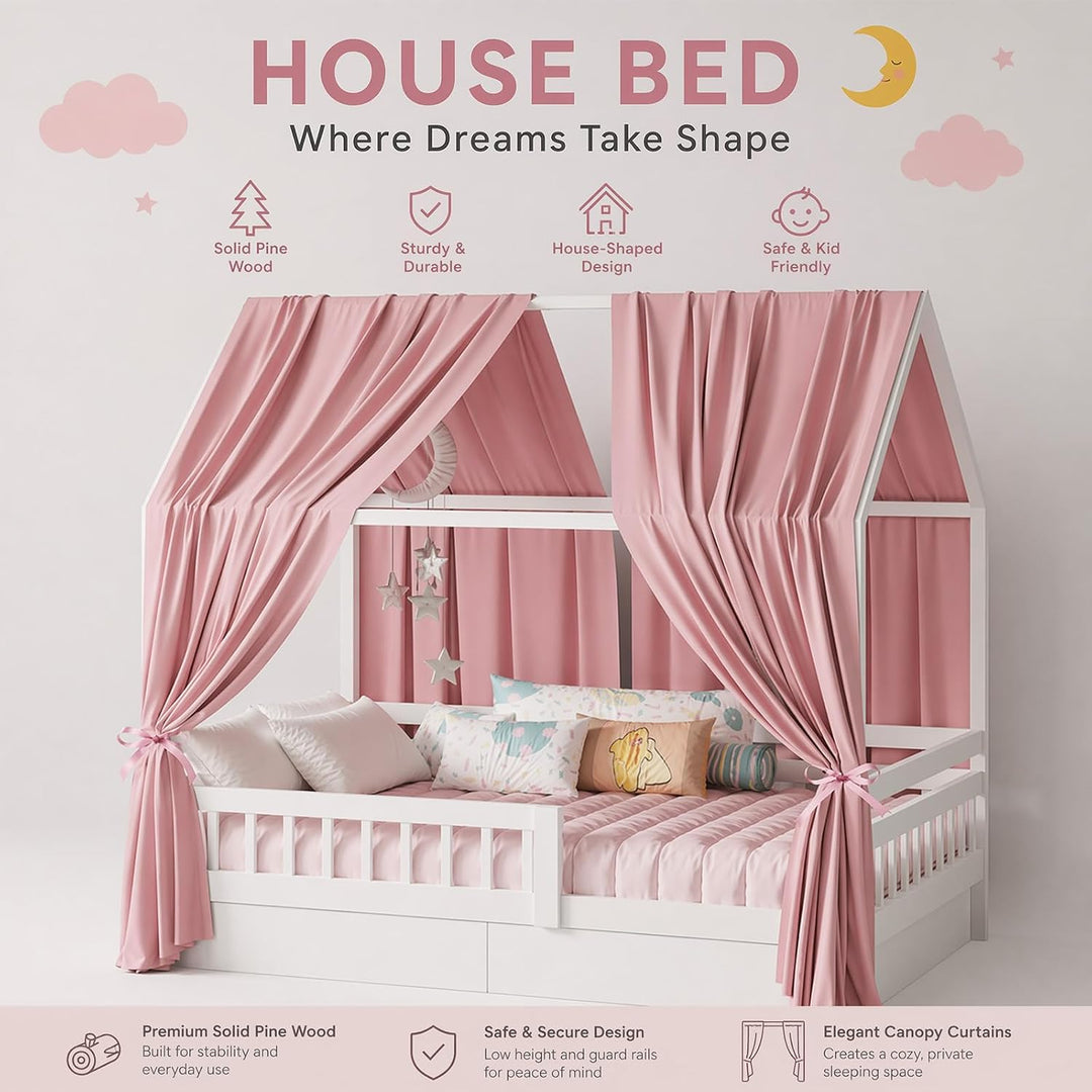 2 Stück Hausbett Himmel Set, Musselin Betthimmel für Kinderbett, weicher &amp; atmungsaktiver Baldachin