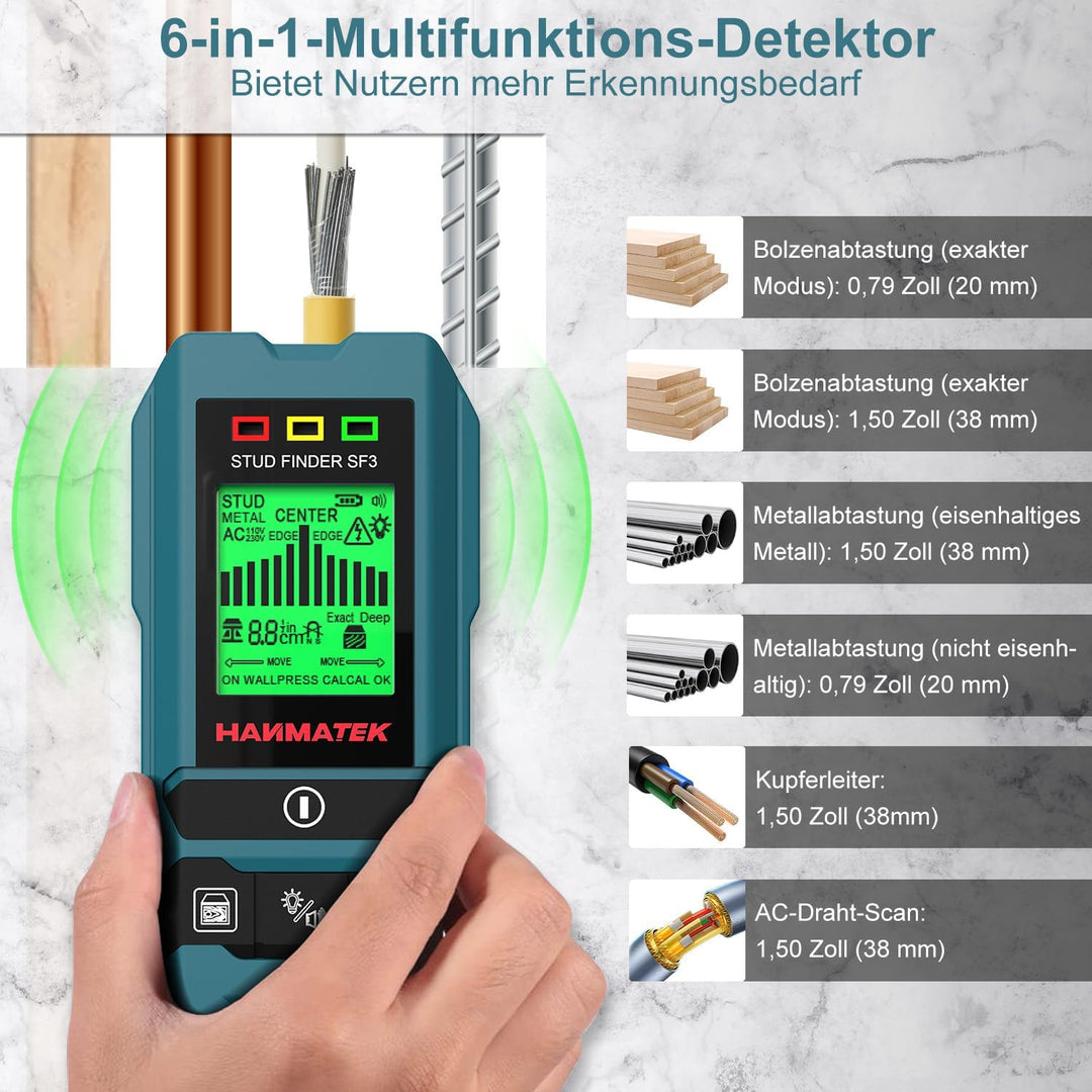 HANMATEK Leitungssucher Ortungsgerät SF3 Wand Scanner Detektor Multifunktional Stud Finder Holz/Eise