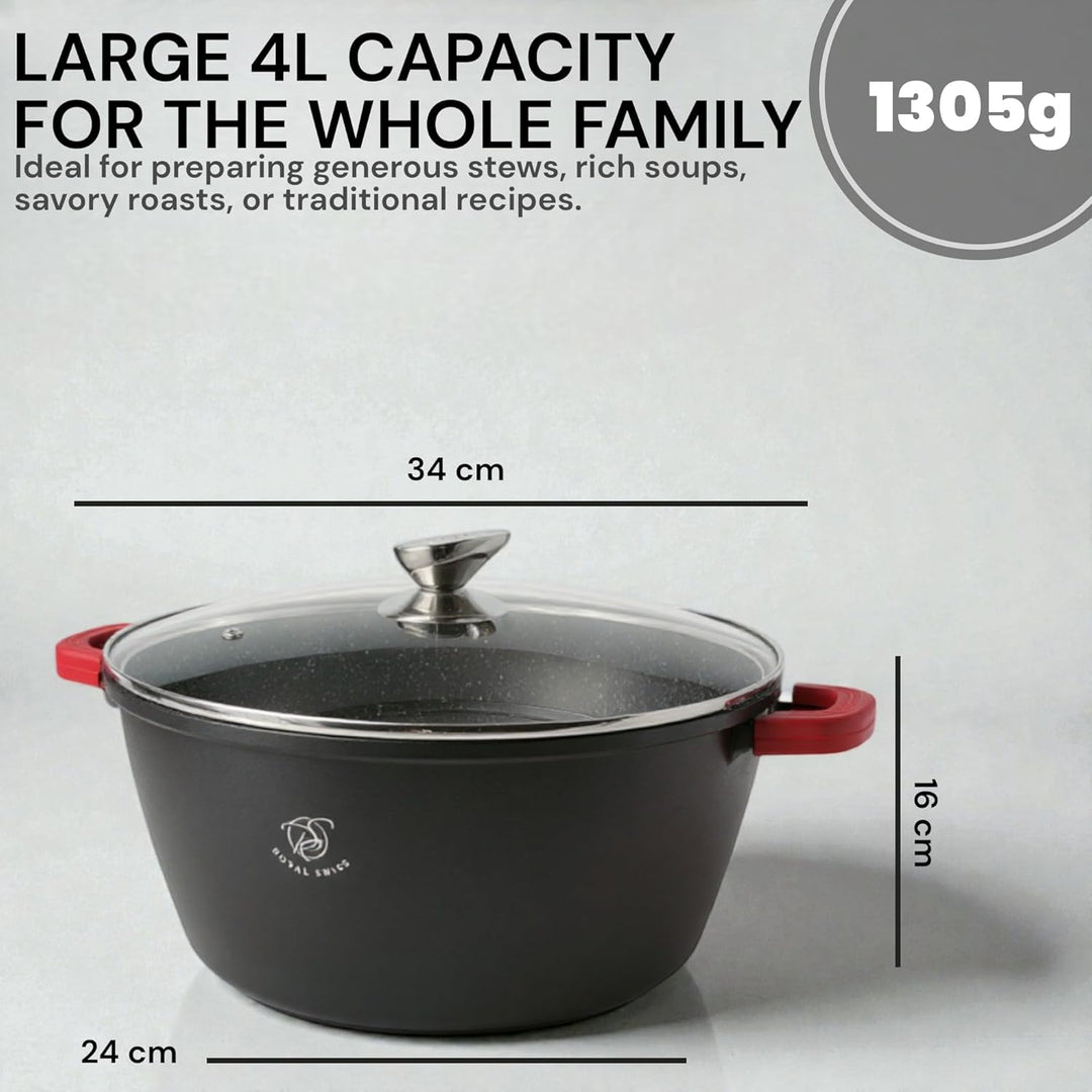 Royal Swiss Kochtopf, 24 cm, Schwarz, 4 l, Marmorbeschichtung, Glasdeckel, geeignet für Induktion &