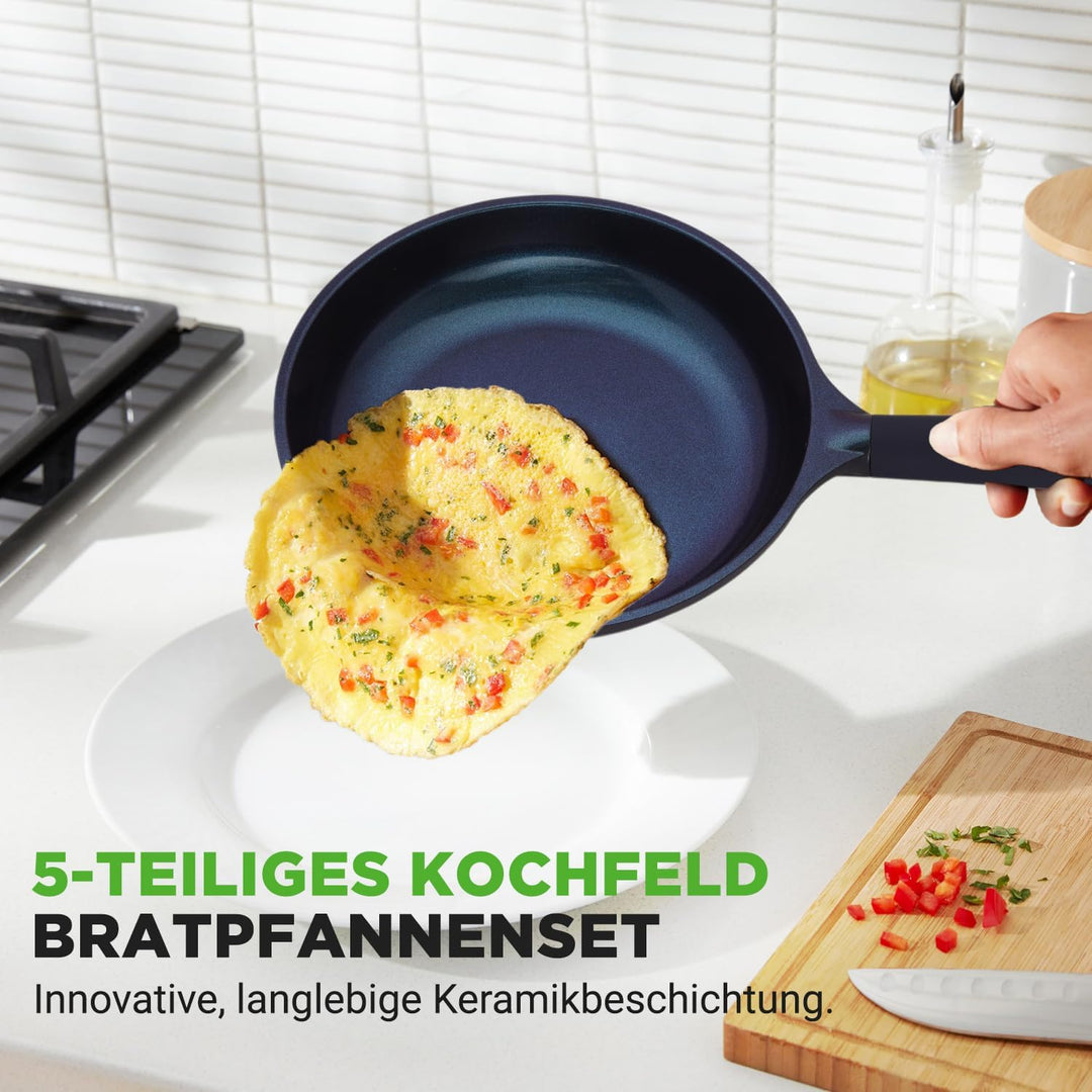 NutriChef Pfannenset 5-teilig – Grillpfanne, Wokpfanne, Bratpfanne 28 cm, Fischpfanne oval, Glasdeck