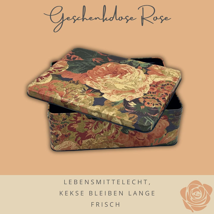 Geschenkdose Design Sanderson - Liebevoll gestaltete rechteckige Vorratsdose - Motiv Rose - Blechdos