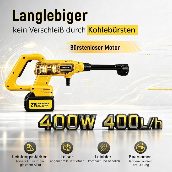 Akku-Bürstenloser Hochdruckreiniger 21V, 2X 4000mAh Akkus | Bürstenloser Motor, 180°/360° Drehdüse,