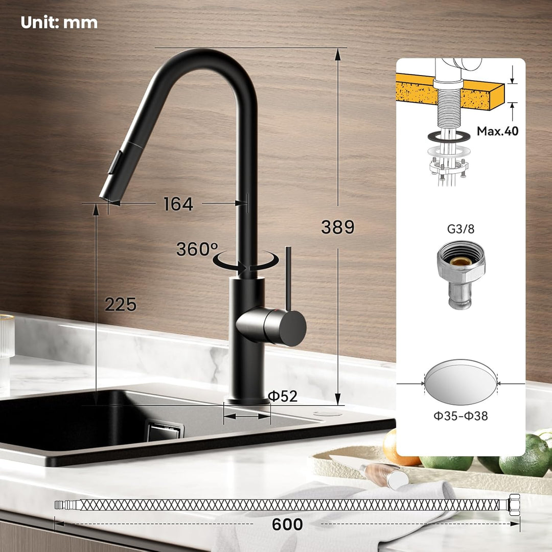 CECIPA Wasserhahn Küche Schwarz, Hochdruck Küchenarmatur mit Brause Ausziehbar, V-förmiger Armatur E