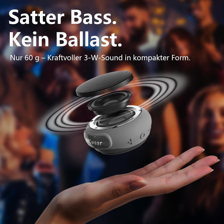 ANCwear Bluetooth 5.3 Lautsprecher Mini zum Anklemmen, Tragen und Aufhängen, IPX6 Spritzwasserschutz