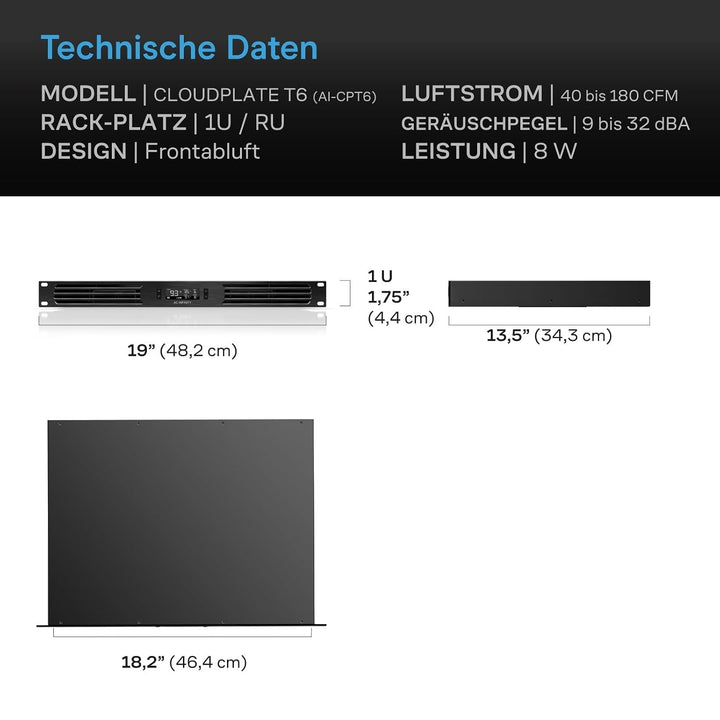 AC Infinity CLOUDPLATE T6, Rack-Montage-Lüfter 1U, Front-Abluftstrom, zur Kühlung von AV-Geräten, He