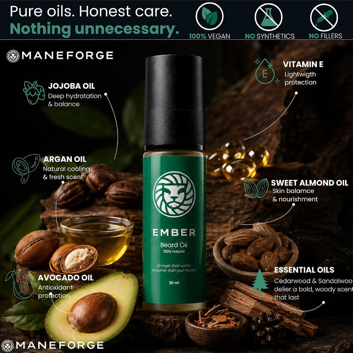 Ember Bartöl für Männer – 30ml – Natürlich mit Arganöl Mandelöl & Avocadoöl – Gegen Trockenheit Juck