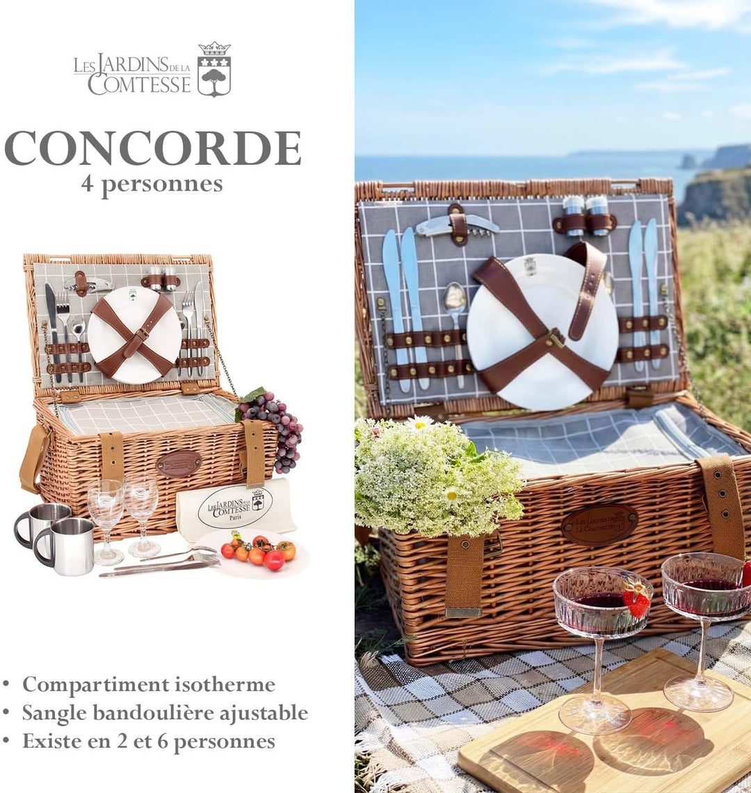 Les Jardins de la Comtesse - Picknick-Korb aus Weidengeflecht Concorde - für 4 Personen, Kühlbox, Te