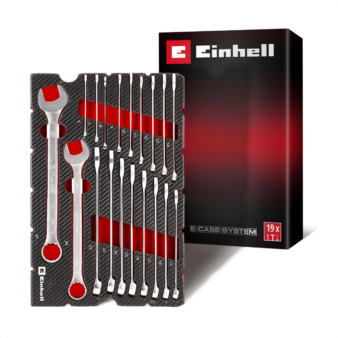 Original Einhell Pad Gabelringschlüssel 19-tlg. (12-Kant-Profil, Chrom-Vanadium-Stahl, satinierte Ob
