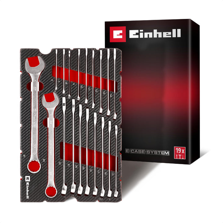 Original Einhell Pad Gabelringschlüssel 19-tlg. (12-Kant-Profil, Chrom-Vanadium-Stahl, satinierte Ob