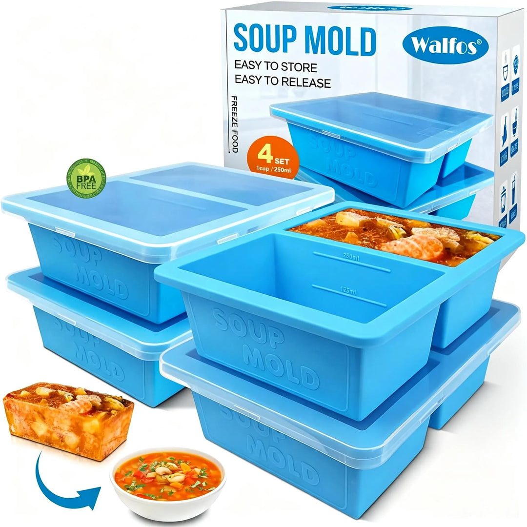 Walfos 1-Tasse Extragrosse Silikon Gefriertablett mit Deckel, 4 Packs Suppe Gefrierschrank Eiswürfel