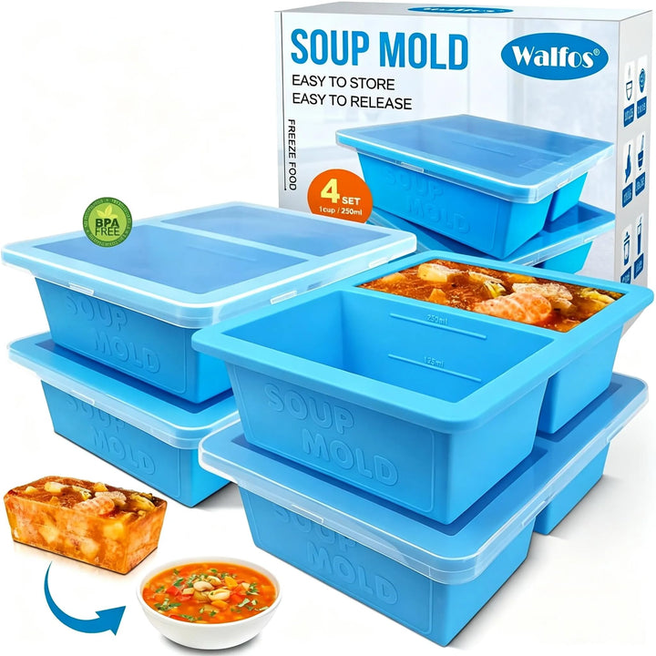 Walfos 1-Tasse Extragrosse Silikon Gefriertablett mit Deckel, 4 Packs Suppe Gefrierschrank Eiswürfel