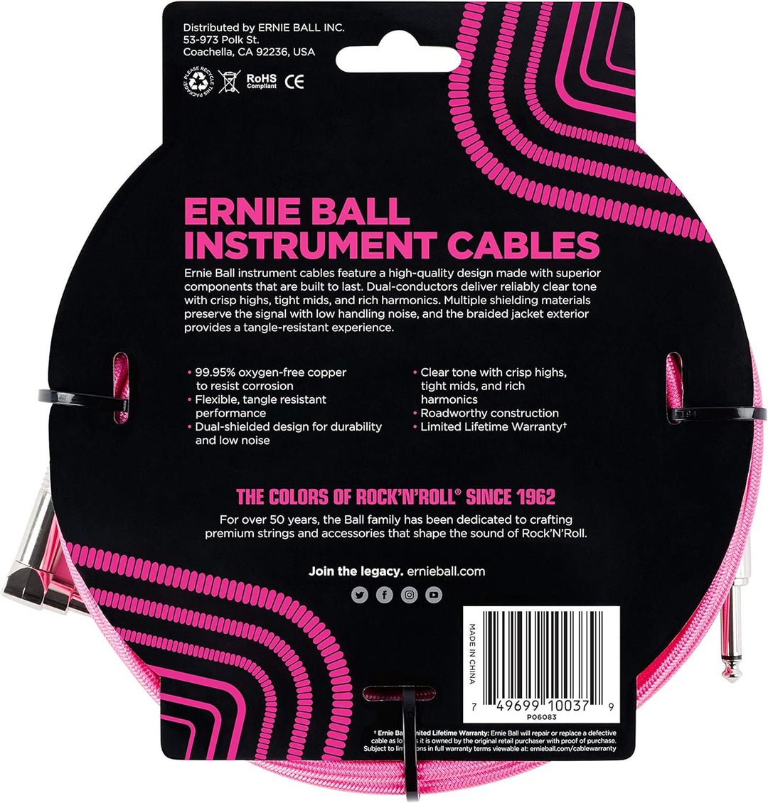 Ernie Ball Instrumentenkabel geflochten, gerade/gewinkelt, 5,49 m, Neon-Pink Neon-grün/schwarz 5,5 m