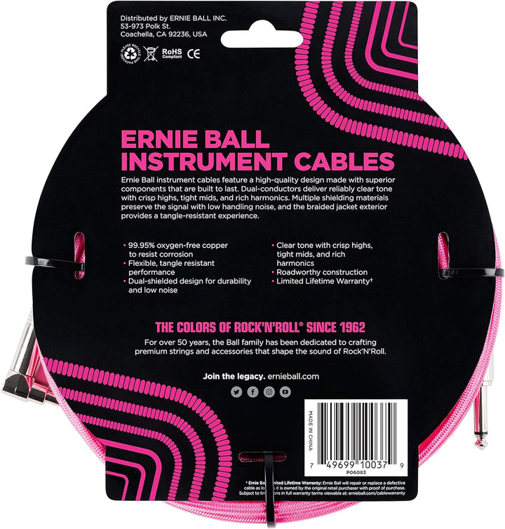 Ernie Ball Instrumentenkabel geflochten, gerade/gewinkelt, 5,49 m, Neon-Pink Neon-grün/schwarz 5,5 m