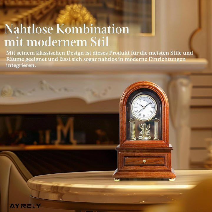 Holz Tischuhr Jubiläumsuhr, Antike Regaluhren, Retro Kaminuhr mit Drehpendel, Schreibtisch Standuhr