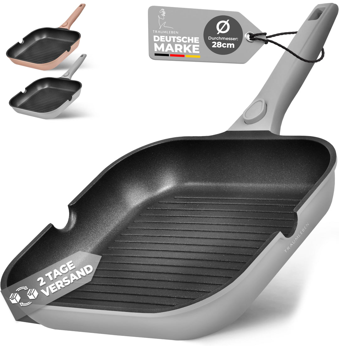 NEU Grillpfanne 28 cm mit Ausguss &amp; abnehmbarem Griff, Antihaftbeschichtung, PFOA-frei, für Induktio