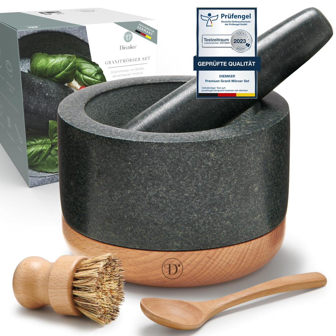 DIEMKER Premium Granit Mörser mit Stössel, abnehmbarer Holzfuss, Holzlöffel und Reinigungsbürste im