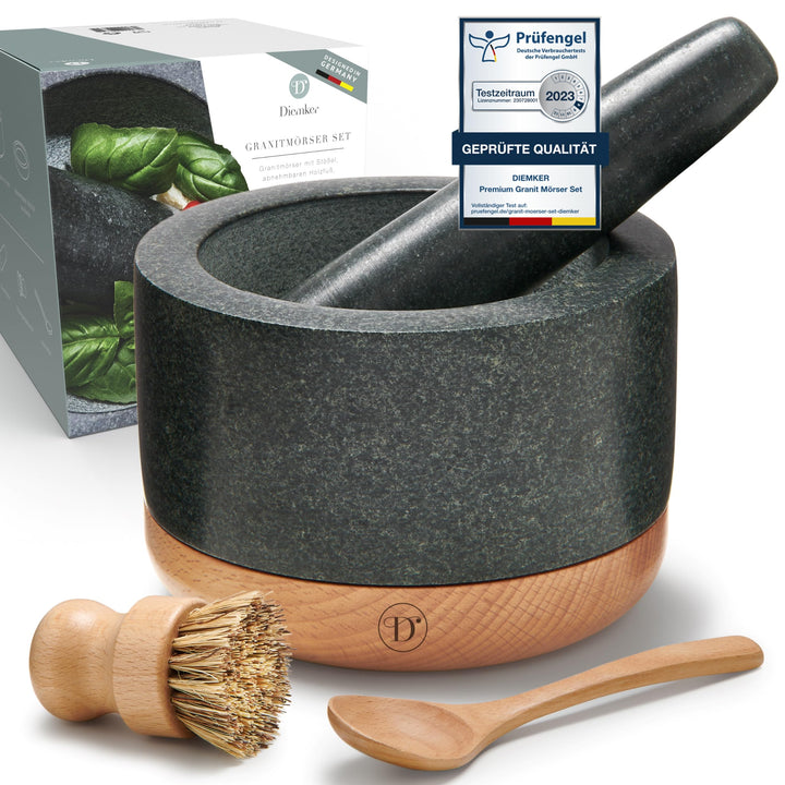 DIEMKER Premium Granit Mörser mit Stössel, abnehmbarer Holzfuss, Holzlöffel und Reinigungsbürste im