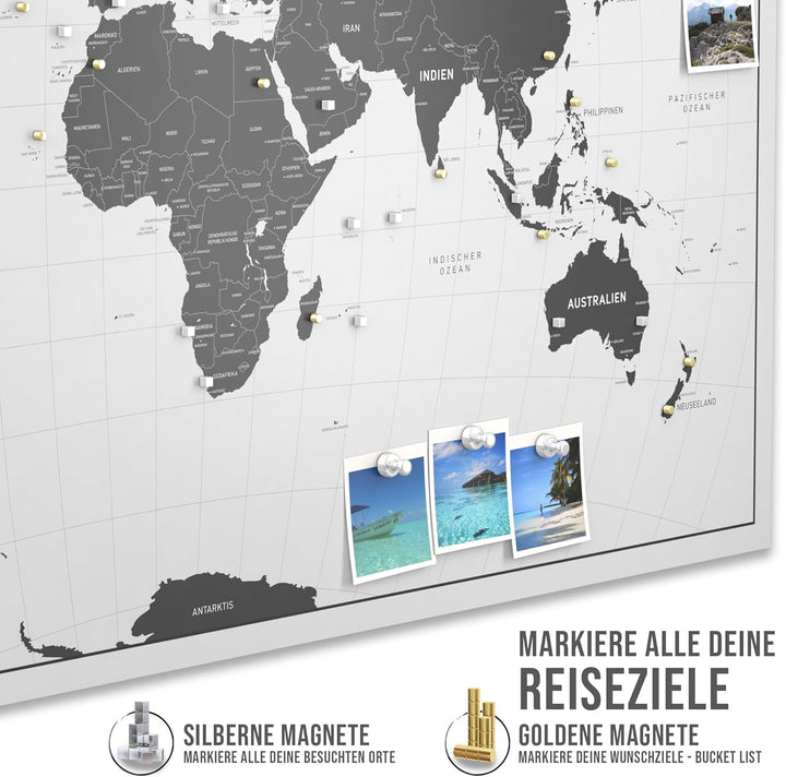 Vacentures Magnetische Pinnwand Weltkarte White inkl. 2 x 15 magnetische Pins I Markiere Deine Reise