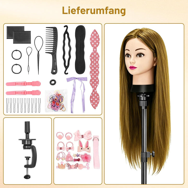TwoWin Frisierkopf 80% Echthaar, Übungskopf 24 Zoll /60cm Friseurkopf, Trainingskopf für Friseure fü