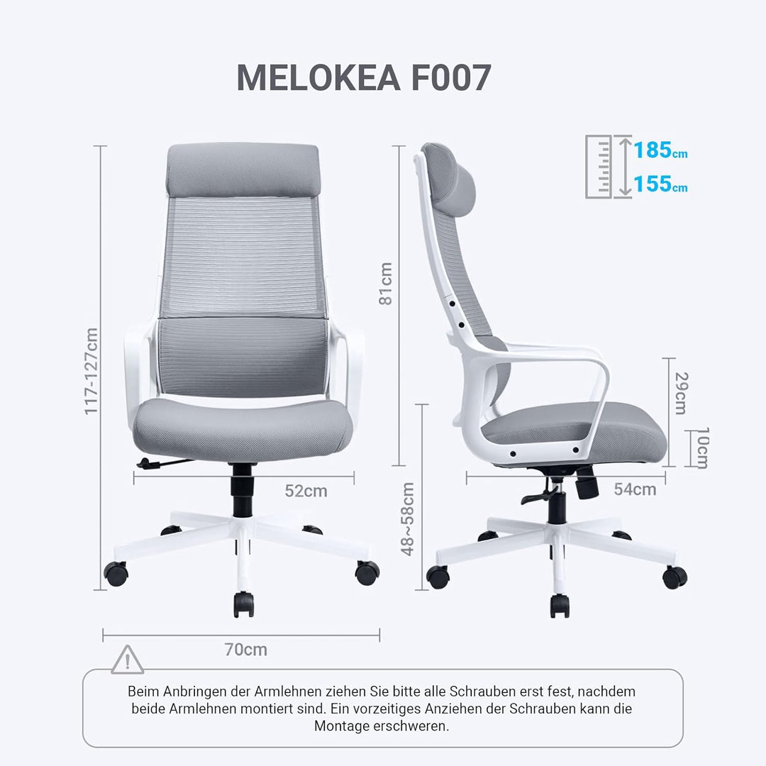 MELOKEA Bürostuhl ergonomisch, Schreibtischstuhl mit Höhenverstellung, Bürostuhl 150kg Grau