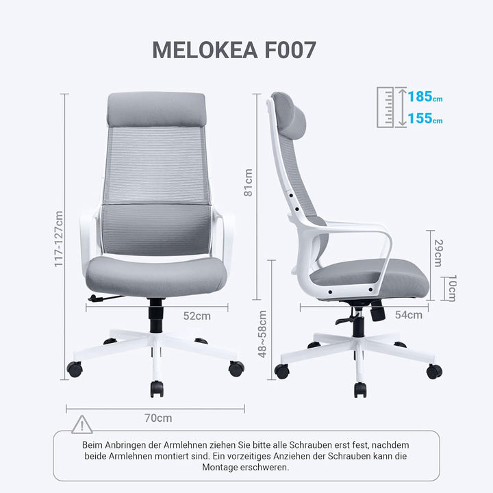 MELOKEA Bürostuhl ergonomisch, Schreibtischstuhl mit Höhenverstellung, Bürostuhl 150kg Grau