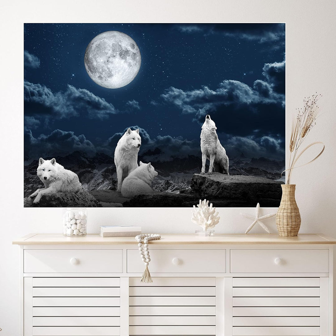 wandmotiv24 Poster als Wanddeko, Grösse Din A0, Wolfsrudel, Wolf, Gemälde, Mond, Wölfe, Felsen, Tier