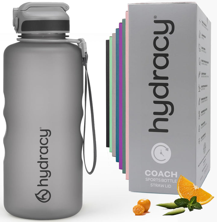 Hydracy Motivations Wasserflasche mit Zeitmarkierung &amp; Strohhalmdeckel 2L Silver Grey 2000 ml, Silve
