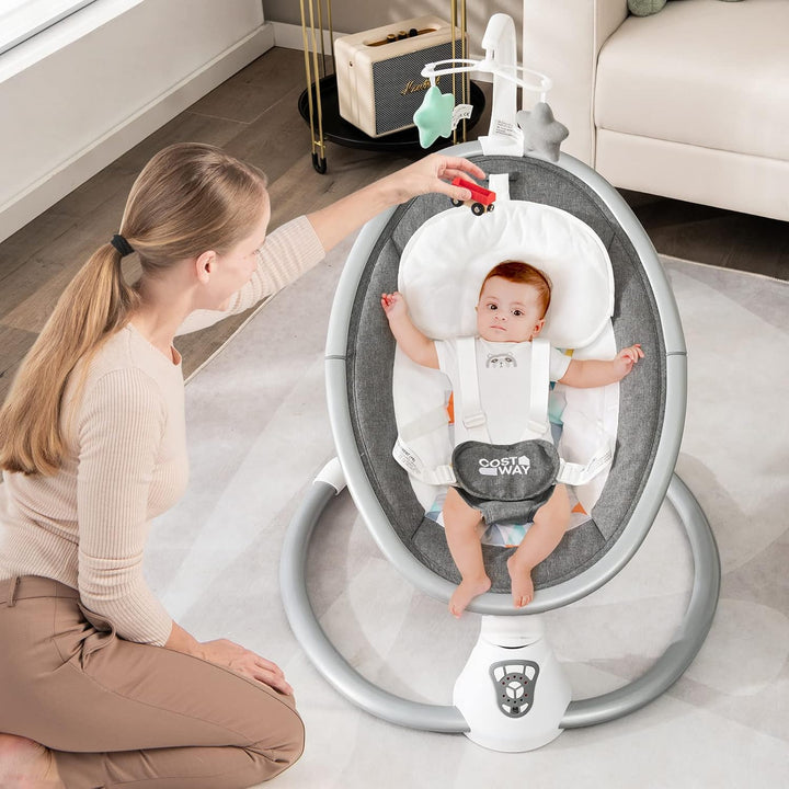 COSTWAY Elektrische Babywippe, Babyschaukel mit 5 Schaukelstufen, 3-Stufen-Timer-Funktion, 5-Punkt-S