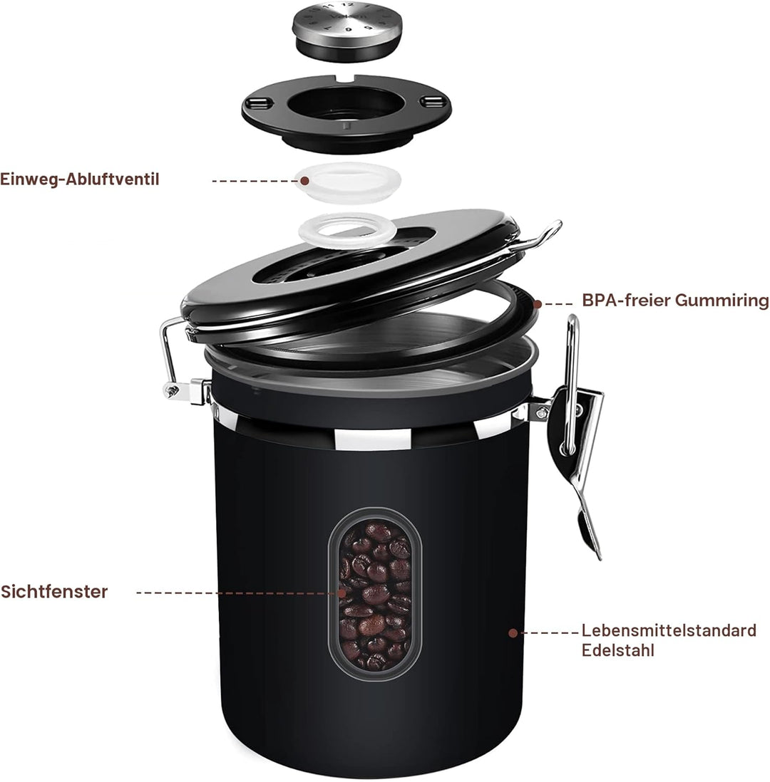 ROCKY&CHAO Kaffeedose Luftdicht aus Edelstahl 1,8L Kaffeebhnen Behälter Vorratsdose für Tee Nüsse Ka