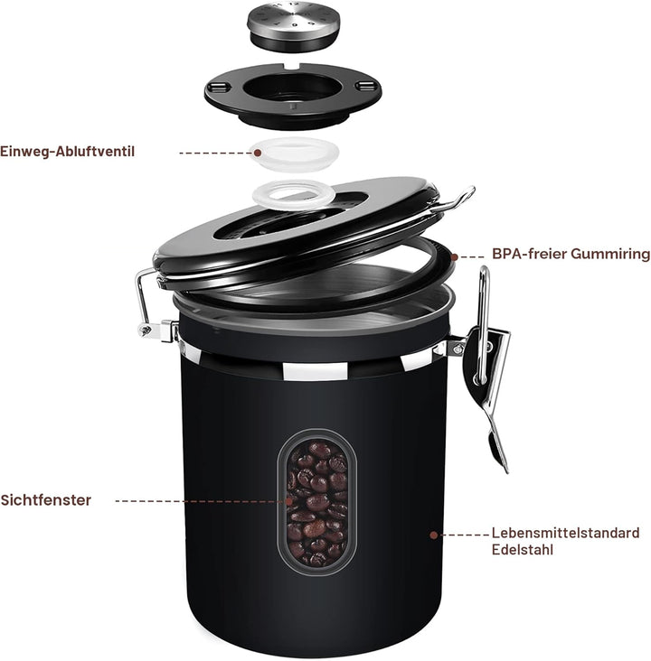 ROCKY&CHAO Kaffeedose Luftdicht aus Edelstahl 1,8L Kaffeebhnen Behälter Vorratsdose für Tee Nüsse Ka