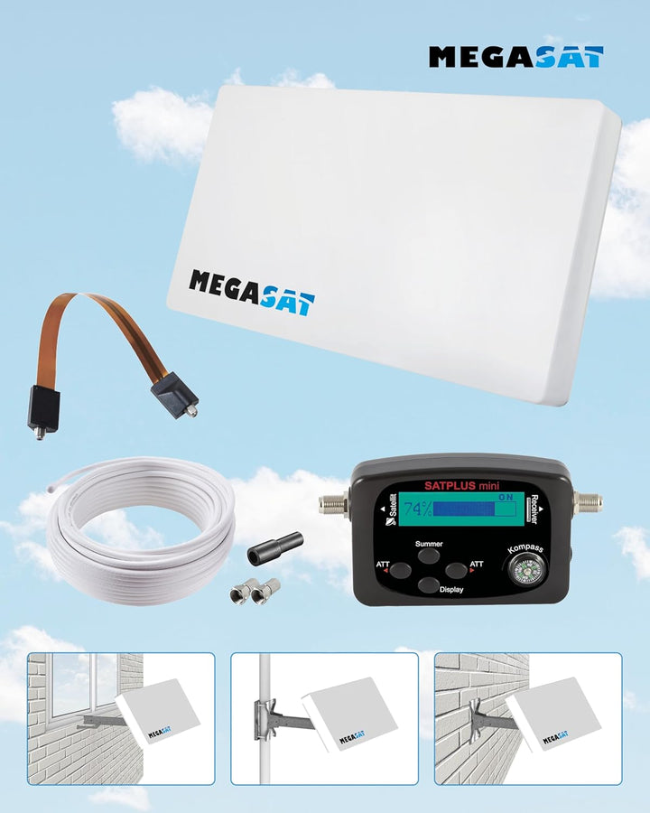 Megasat Flachantennen Set – D1 Profi-Line (1 Teilnehmer, inkl. 10 m Kabel, Satfinder, Fensterdurchfü
