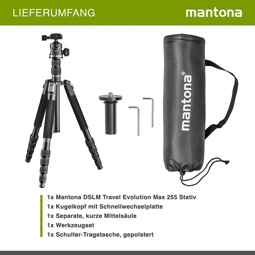 Mantona DSLM Travel Evolution 224 leichtes Allround Reisestativ mit Vollausstattung,360°Panorama Kug