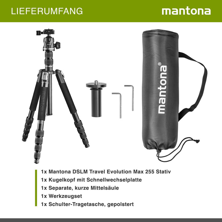 Mantona DSLM Travel Evolution 224 leichtes Allround Reisestativ mit Vollausstattung,360°Panorama Kug