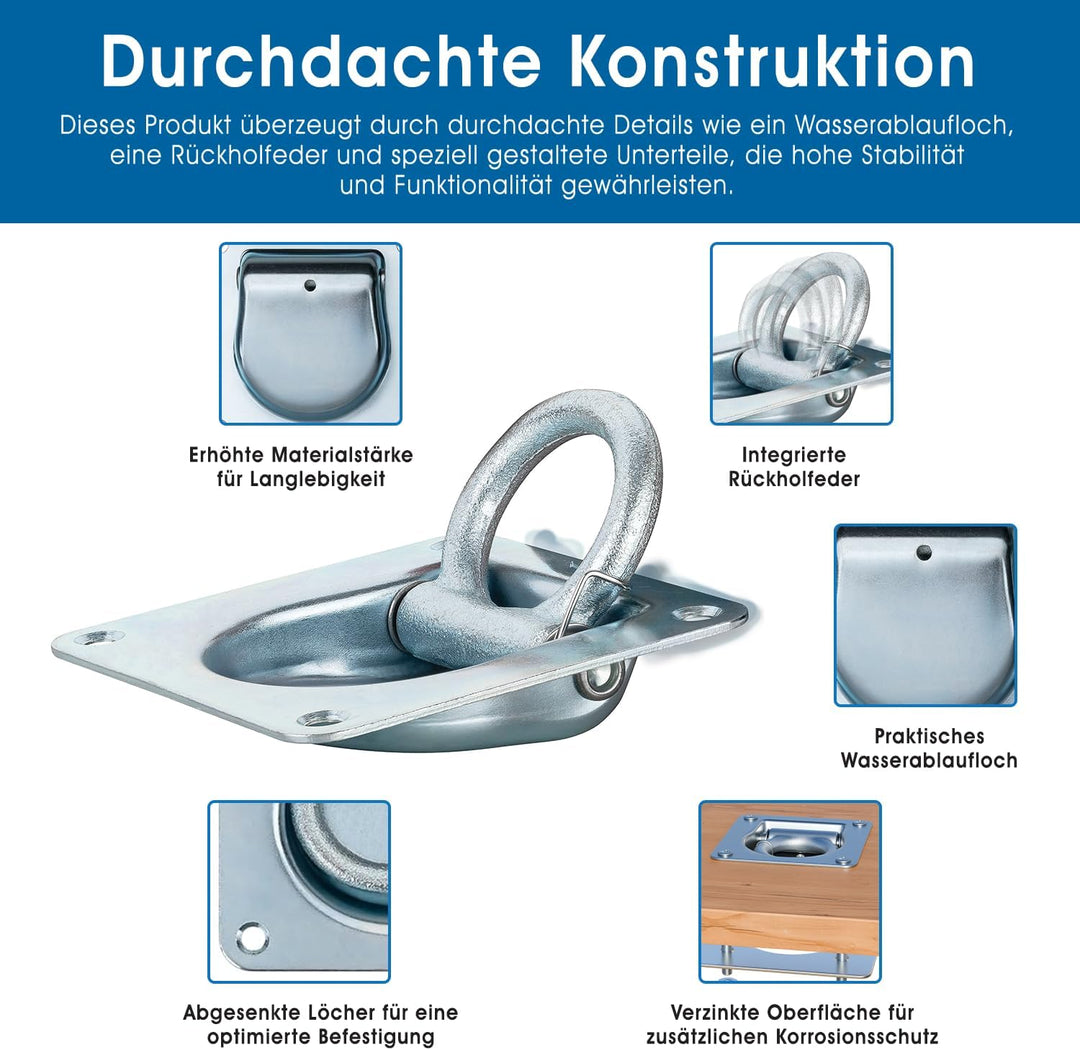 6X Zurrösen mit Gegenplatten & Schrauben - Robuste Zurrmulden für Anhänger | Verzinkte Verzurrösen,