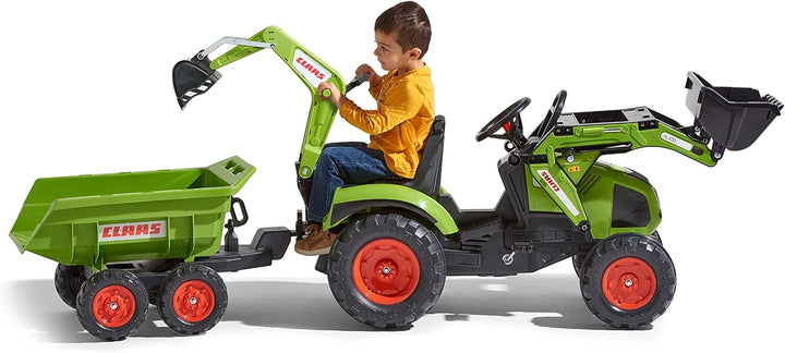 Falk – 1010W – Fahrrad und Fahrzeug für Kinder – Traktor Claas Axos + Schaufel + Bagger + Anhänger M