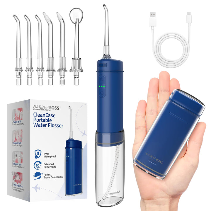 BarberBoss Pocket Flosser, Tragbare Munddusche für Zähne, 6 austauschbare Spitzen & USB-C Wiederaufl