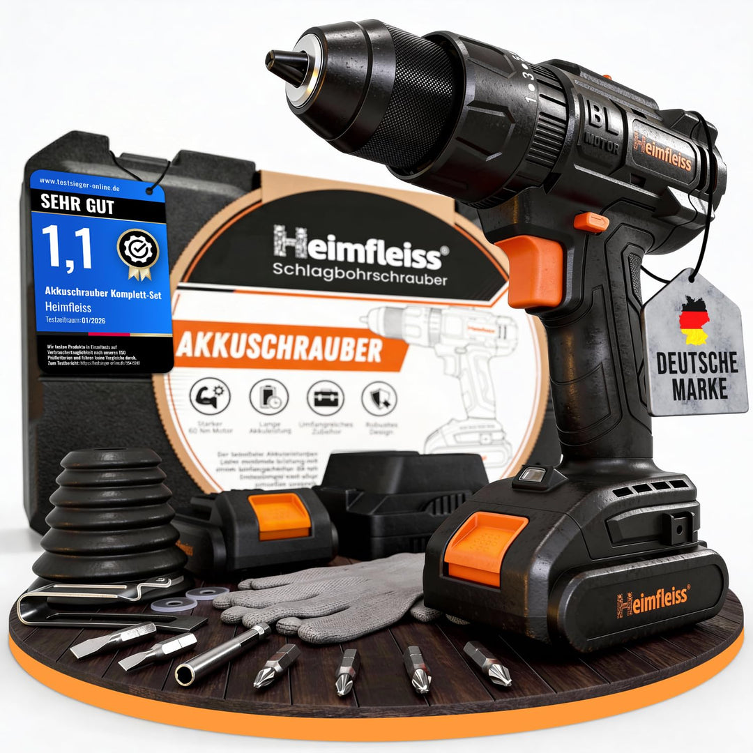 Heimfleiss® Professional 20V Akkuschrauber Set | 3-in-1 Akku Schlagbohrschrauber inkl. 2x 2.0Ah Akku
