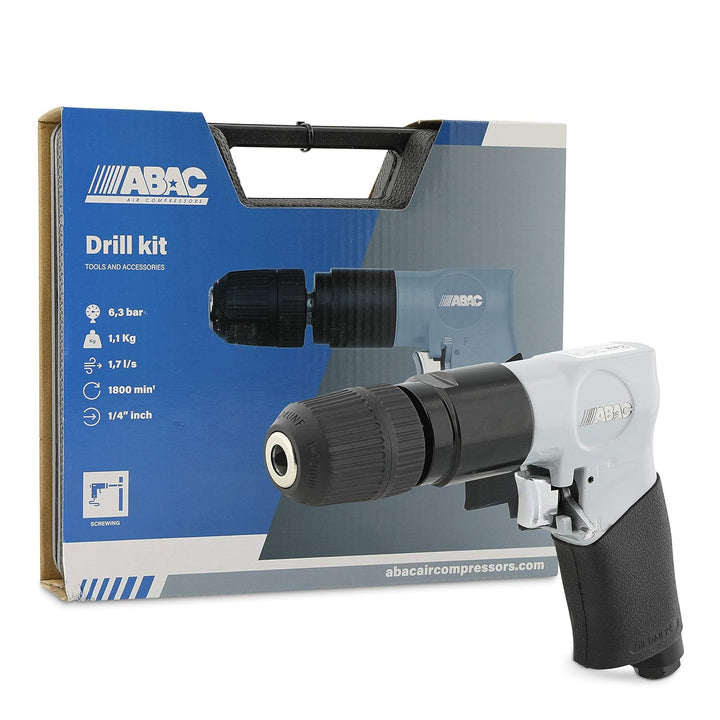 ABAC Druckluft Bohrmaschine G-190 - Kunststoffkoffer mit Zubehör (Bohrer + Schraubendreherbits + Pla