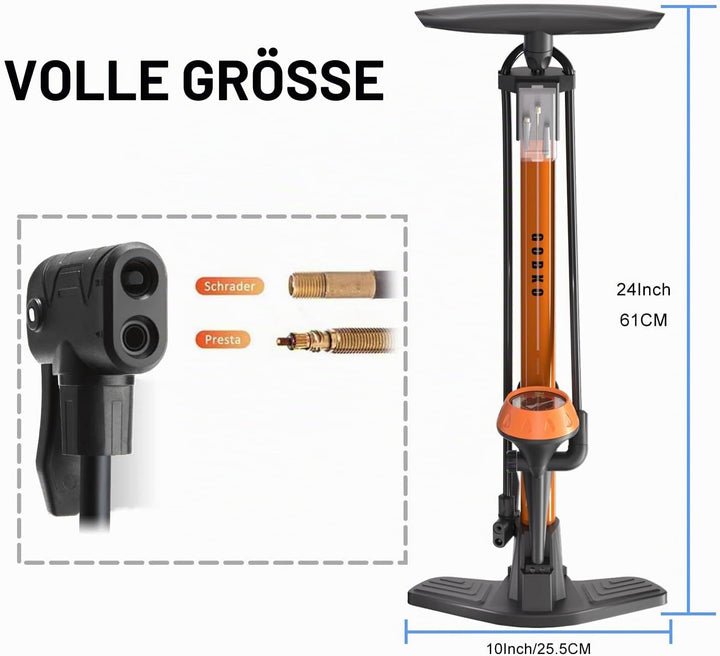 GOBKO Fahrradpumpe Luftpumpe Fahrrad Französische Ventile mit Manometer, Luftpumpe für Rennrad MTB S