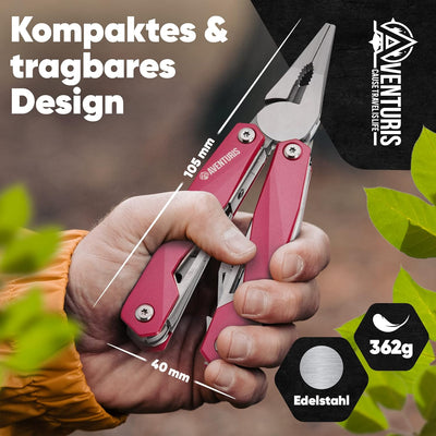 AVENTURIS® Pinkes-Multitool-Werkzeug aus Edelstahl mit 21 Funktionen, Geschenke für Frauen, Multifun