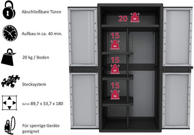 Kreher XXL Kunststoff Spindschrank mit einem durchgehenden Boden, schmalen Böden und Freifach für sp