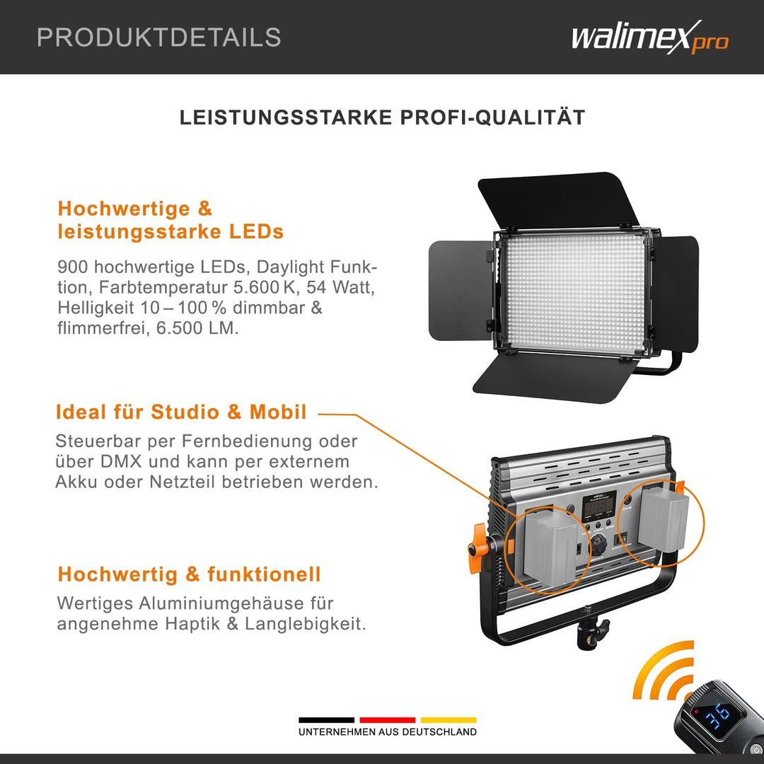 Walimex pro Niova 900 Plus Daylight – LED Videoleuchte Dauerlicht Flächenleuchte, 54 Watt, 900 LED,